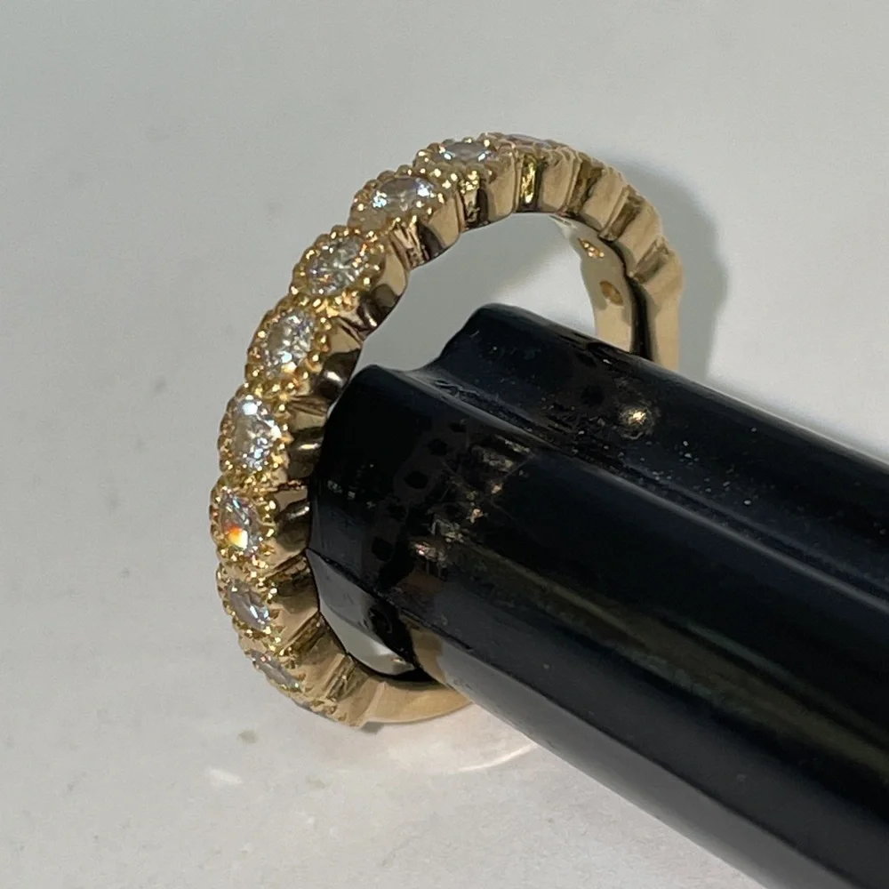 Solid Stamped 14K Yellow Gold Natural Diamond Semi Eternity Round Bead Band Ring